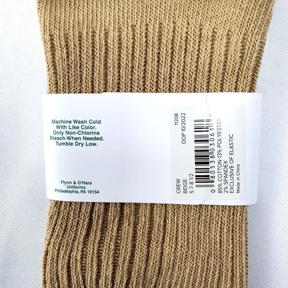Flynn OHara Beige Crew Socks S 7-8.5 Cotton-Spandex Blend Uniform Made In China - Picture 3 of 5